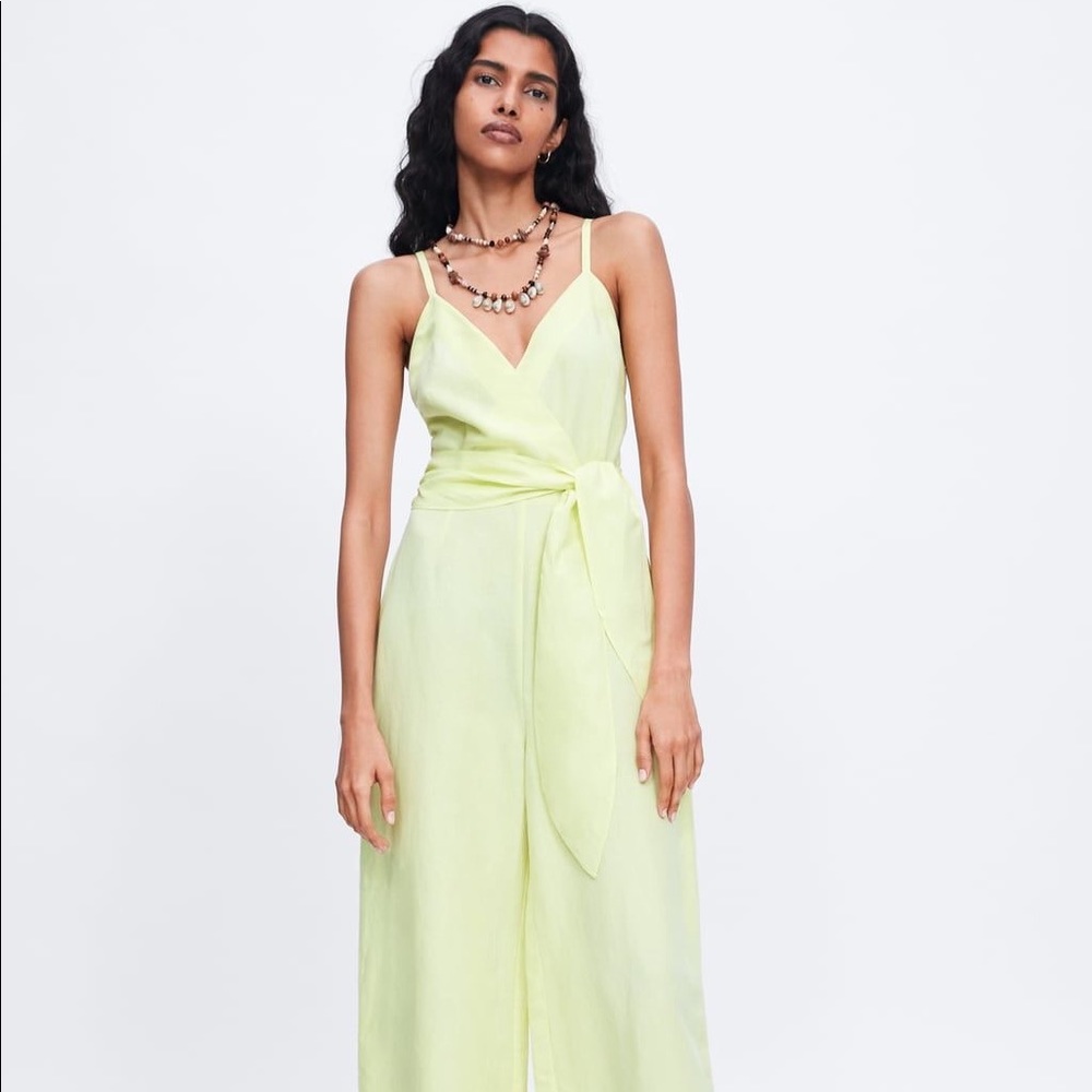 Zara yellow green linen jumpsuit